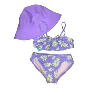 NWT Girls 3 piece swimsuit hygiene liner intact. Size XS 4/5. Lavender and green